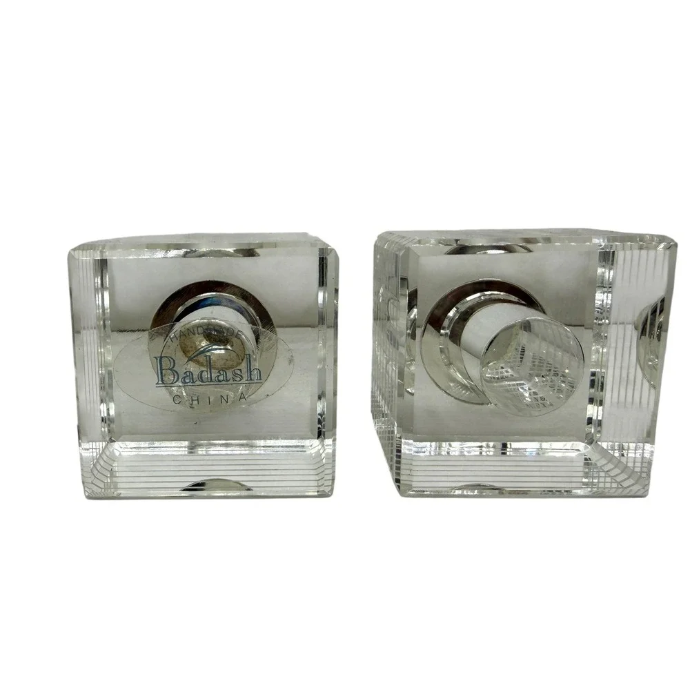 Bad ash Crystal Salt & Pepper Shaker Set Square Ribbed Clear Glass Silver Top